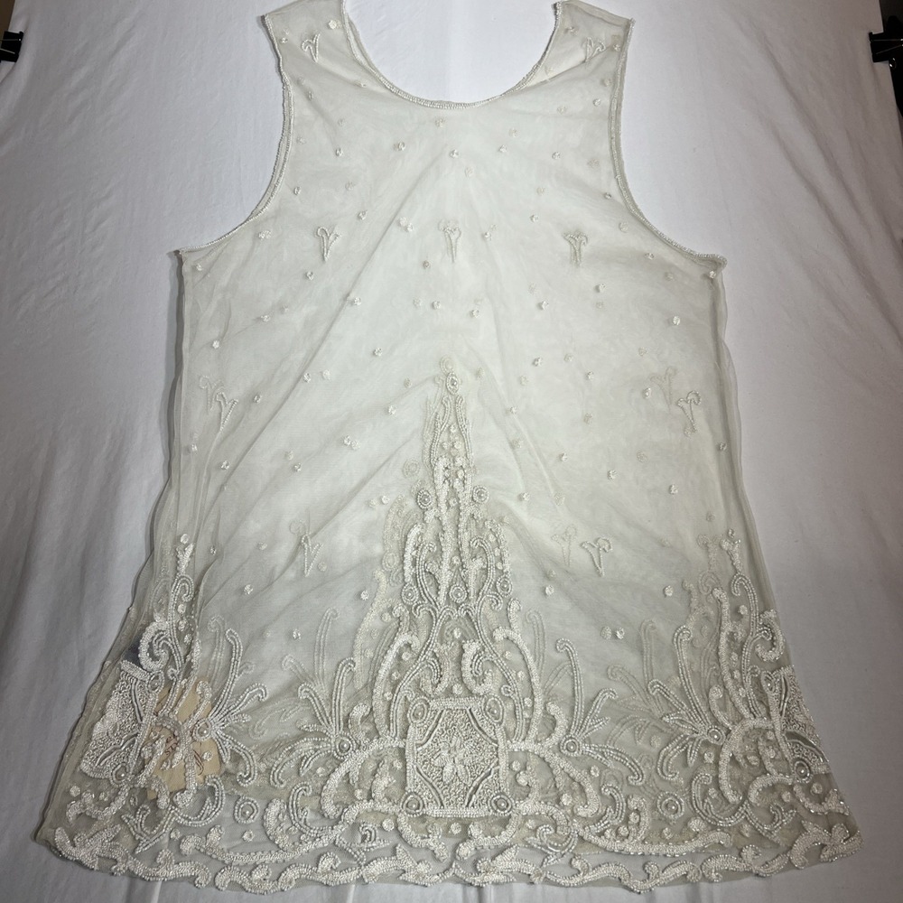 Sterling Styles Ivory Beaded Mesh Overlay Mini Dress Flapper Chic GE6462 VTG NWT
